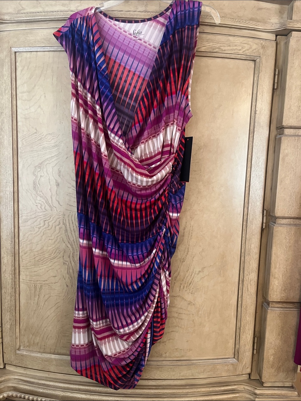 NWT Sophia Vergara side Ruched faux wrap dress- Pink & Purple Geometric